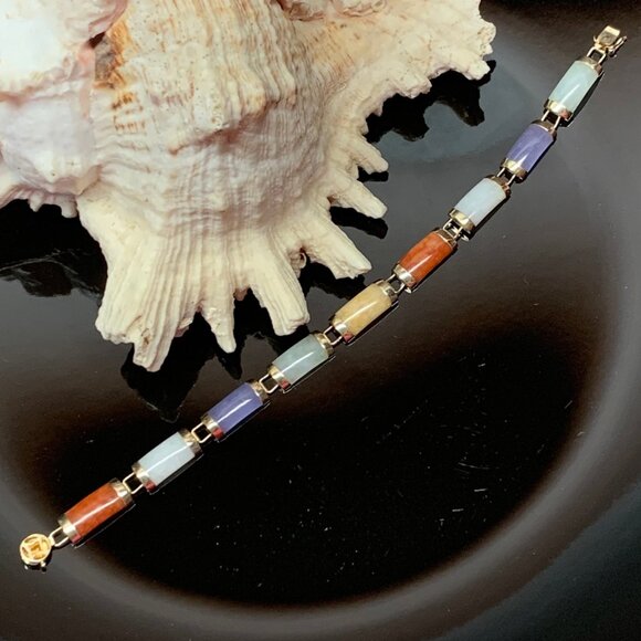 14K Gold Multicolor Jade Gemstone Bar Link Estate Vtg Tennis Bracelet J818 - Picture 2 of 9